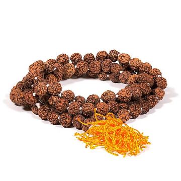 Colier Mala din semințe Rudraksha – 108 mărgele cu ciucure portocaliu