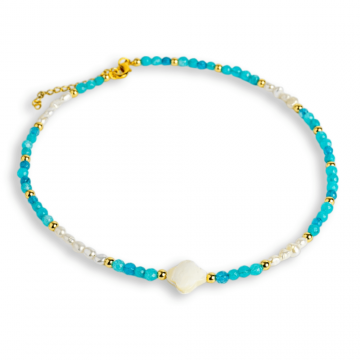 Colier tip choker cu pietre pentru pace interioara ,   Acvamarin, perle si simbol marin