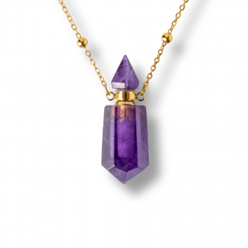 Protectie si Claritate ,   Colier Sticluta Pendul din Ametist Natural, lant cupru Placat Auriu