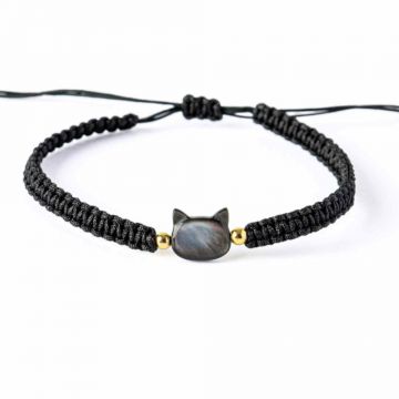 Protectie si Noroc ,   Bratara cu Charm Pisica din Scoica Naturala, Neagra