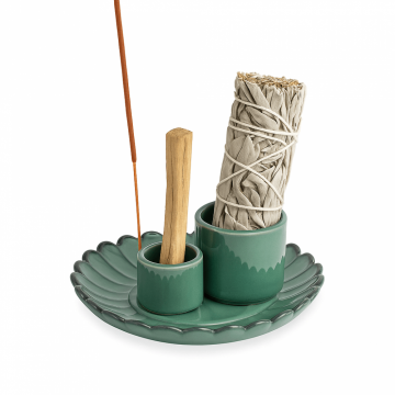 Suport 3 in 1 ceramic verde floare ,   Palo Santo, Salvie si Betisoare