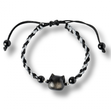 Bratara Ajustabila cu Pisica din Obsidian de Gheata si Agata Neagra Naturala ,   Talisman al Protectiei si Claritatii