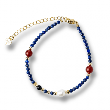 Bratara Argint 925 placat cu Aur cu Lapis Lazuli, Agat Rosu si Perla Naturala ,   Claritate si Armonie Interioara