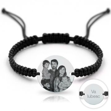 Bratara Argint Barbati cu Banut Personalizat cu Poza si Text, snur Negru Reglabil (18mm)