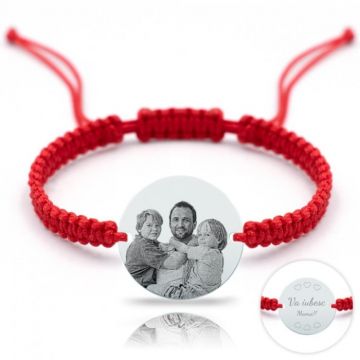 Bratara Argint Dama cu Banut Personalizat cu Poza si Text, snur Rosu Reglabil (18mm)