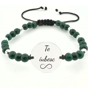 Bratara Argint Personalizata cu Mesaj, cu snur Reglabil, Pietre Malachit Verde 5mm, Banut 18 mm