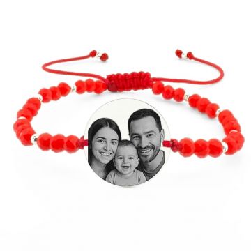 Bratara Argint Personalizata cu Poza si Mesaj, cu snur Reglabil, Cristale Rosii 4mm, Banut 18 mm