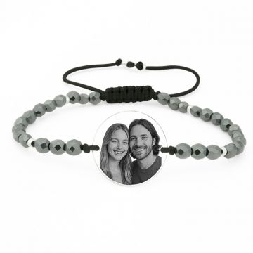 Bratara Argint Personalizata cu Poza si Mesaj, cu snur Reglabil, Pietre Hematit Gri 4mm, Banut 18 mm
