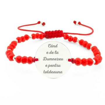 Bratara Argint Personalizata Text, cu snur Reglabil, Cristale Rosii 4mm, Banut 18 mm