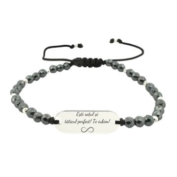 Bratara Argint Personalizata Text, cu snur Reglabil, Hematit 4mm, Placuta Gravata 23x8 mm