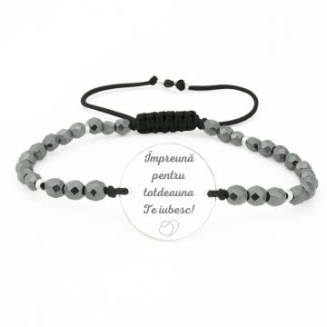 Bratara Argint Personalizata Text, cu snur Reglabil, Pietre Hematit Gri 4mm, Banut 18 mm