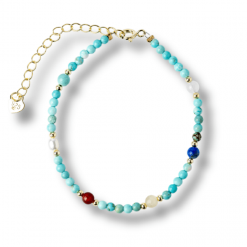 Bratara Multigem din Argint 925 Placat cu Aur ,   Turcoaz, Agat Rosu, Lapis Lazuli, Jad Alb, Topaz Galben si Perla Naturala ,   Energie Pozitiva si Armonie