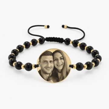 Bratara Personalizata cu Poza si Text - Pietre Onix, Banut si Bilute Argint 925, Placata Aur 24K