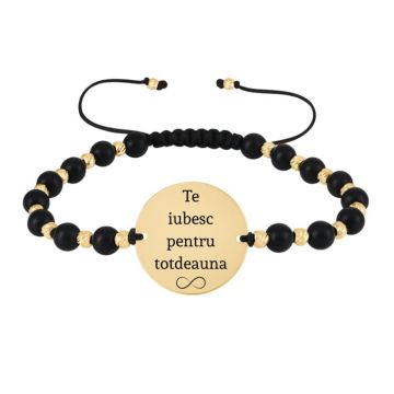 Bratara Personalizata Text - Pietre Onix, Banut si Bilute Argint 925, Placata Aur 24K