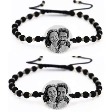 Bratari Personalizate Cuplu - Banut Argint 925 Gravat cu Poza si Text, Onix si Bilute Argint, snur Reglabil (18 mm)