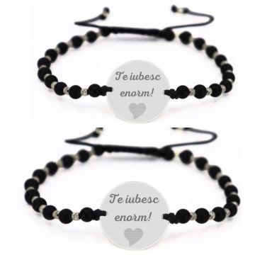 Bratari Personalizate Cuplu - Banut Argint 925 Gravat Text, Onix si Bilute Argint, snur Reglabil (18 mm)