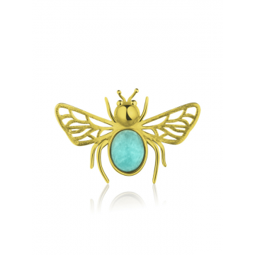 Broșă cu Pin - Albinuță de Argint Aurit cu Amazonit