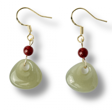Cercei Argint 925 placat cu Aur, cu Hetian Jade si Agat Rosu Natural ,   Echilibru si Protectie Spirituala