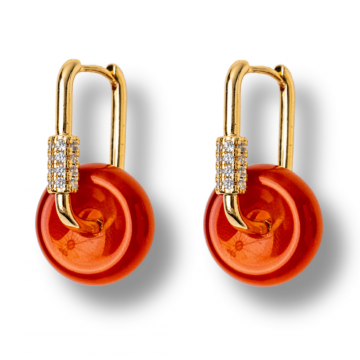 Cercei Cupru Placat Auriu cu Agat Rosu forma Pi ,   Energie, Curaj si Eleganta Vibranta