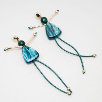 Cercei lungi in forma de papusica cu picioare lungi din snur textil, turcoaz inchis