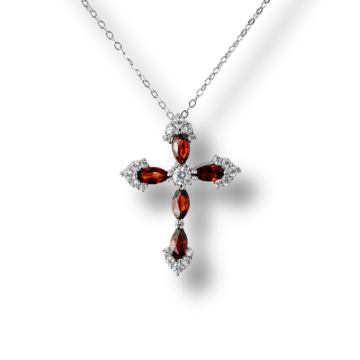 Colier Argint 925 cu Crucifix din Granat Natural si Zirconiu ,   Simbol al Energiei Vitale, Pasiunii si Protectiei Interioare