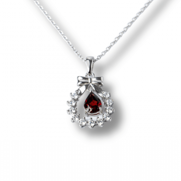 Colier Argint 925 cu Granat Natural si Zirconiu ,   Pandantiv Ghirlanda cu Fundita, Simbol al Energiei si Protectiei