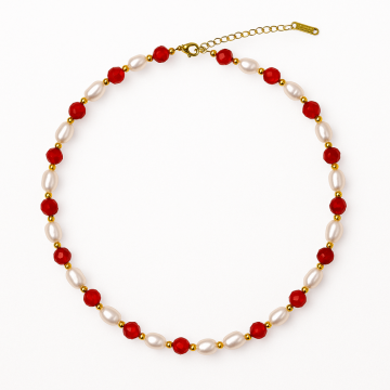 Colier Cupru cu Agat Rosu Fatetat si Perle Naturale ,   Echilibru, Rafinam si Energie Vitala