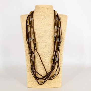 Colier multisir maro cu elemente aurii si cristale ,   boho statement