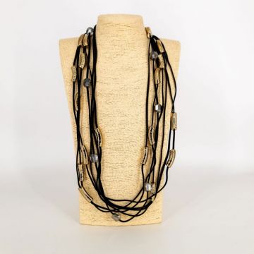 Colier multisir negru cu elemente aurii si cristale ,   boho statement