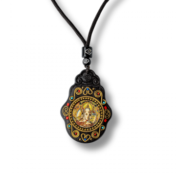 Colier Thangka Nepalez din Lemn de Abanos cu Zeita Saraswati ,   Claritate Spirituala si Inspiratie Divina
