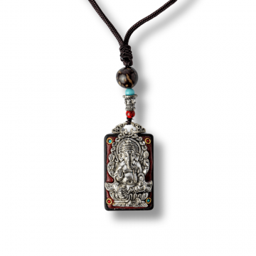 Colier Thangka Nepalez din Lemn de Abanos cu Zeul Ganesha ,   Prosperitate, Intelepciune si Protectie Divina