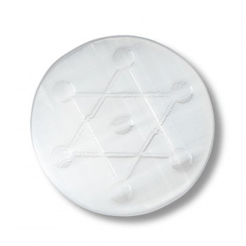 Disc Rotund din Selenit Natural 12cm ,   Placa cu Simbolul Metatron pentru Purificare si Protectie Energetica