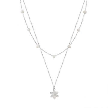 Lantisor argint 925, JW1706, model dublu cu floare, placat cu rodiu