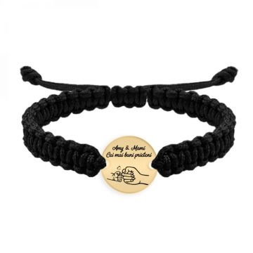 Nala - Bratara personalizata cu banut si snur impletit pentru mama din argint 925 placat cu aur galben 24 karate