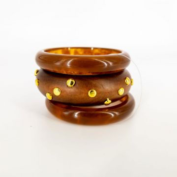 Set de trei bratari din lemn si rasina cu detalii aurii, maro