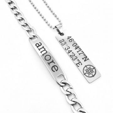 Set Lant si Bratara cu Placuta pentru Barbati, Personalizate Text, din Otel Inoxidabil