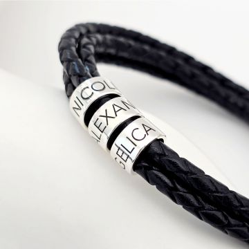 Bratara barbati - 3 modele cilindrice din Argint 925 personalizate - 3 straturi piele impletita - inchizatoare carabina