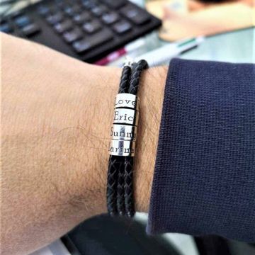 Bratara barbati - 4 modele cilindrice din Argint 925 personalizate - 3 straturi piele impletita - inchizatoare carabina