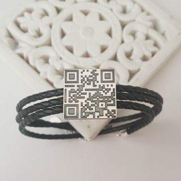 Bratara barbati - personalizata cu QR code - Argint 925 si Piele impletita