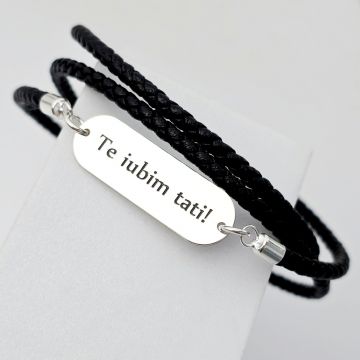 Bratara barbati - Placuta din Argint 925 personalizata - 3 straturi de piele impletita - inchizatoare carabina