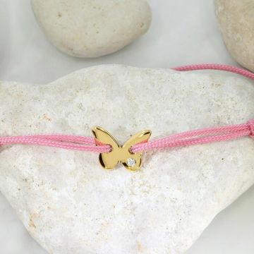 Bratara cu Diamant natural - Model fluture - Aur Galben/Roz/Alb 14K si snur reglabil