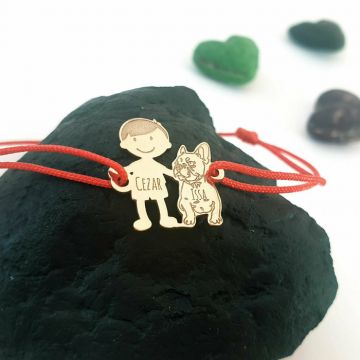 Bratara Familie - 2 Membri - caine Bulldog -pandant Aur Galben 14K - snur matase vegetala reglabil