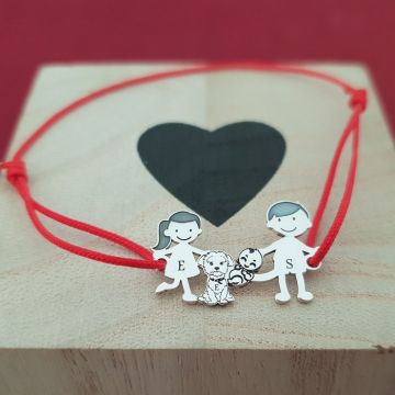 Bratara Familie 4 membri - copii, caine si bebe - Argint 925, snur rosu