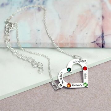 Bratara personalizata - Iubire nelimitata - Inima cu 4 nume gravate si cristale Swarovski - Argint 925, cu lantisor