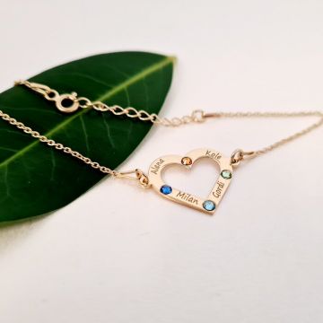 Bratara personalizata - Iubire nelimitata - Inima cu 4 nume gravate si cristale Swarovski - Argint 925 placat cu Aur 18K, cu lantisor