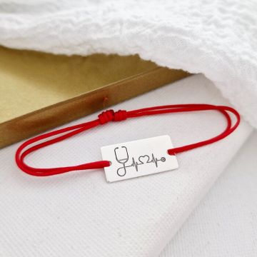Bratara personalizata placuta - Stetoscop si bataia inimii - Argint 925, snur reglabil diverse culori