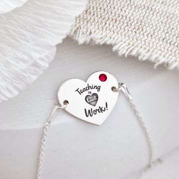 Bratara personalizata Argint 925 - cu lantisor si Cristal Swarovski - Teaching is heart work - Inimioara