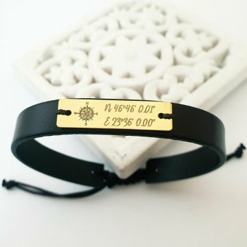 Bratara Placuta gravata cu Coordonate si simbol Busola - Argint 925 placat cu Aur 18k, piele