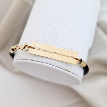 Bratara Placuta gravata cu text - Argint 925 placat cu Aur 18k, piele impletita