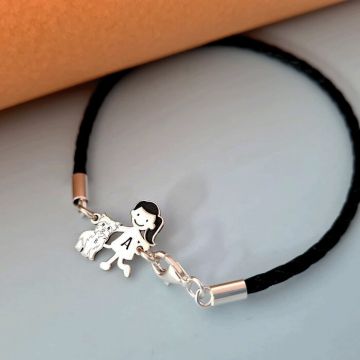 Bratara Unisex cu membri Familiei - fetita si caine Yorkshire - Argint 925 si piele impletita
